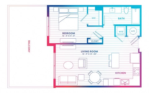 Floor plan for 1 bed, 1 bath, 700 sqft